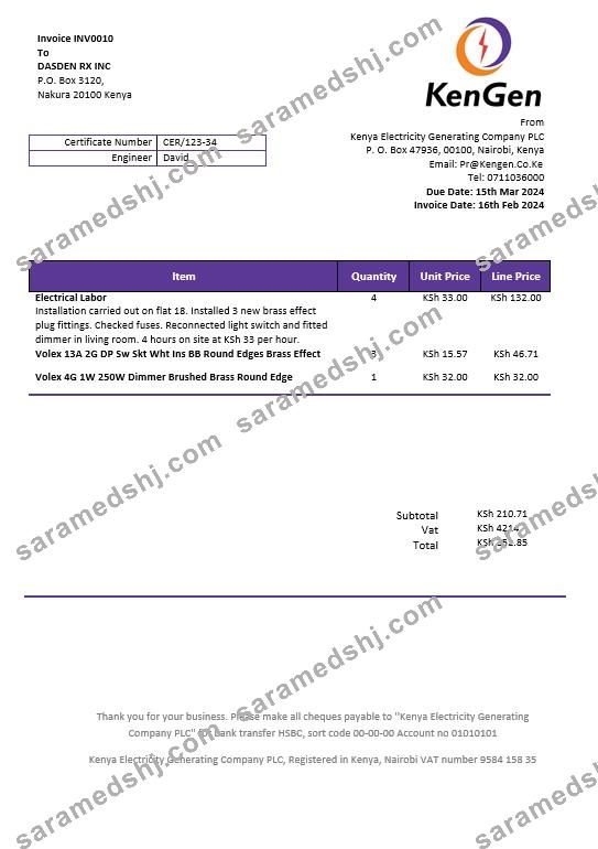 Kenya KenGen Electricity Generating Company business utility bill template in Word and PDF formats